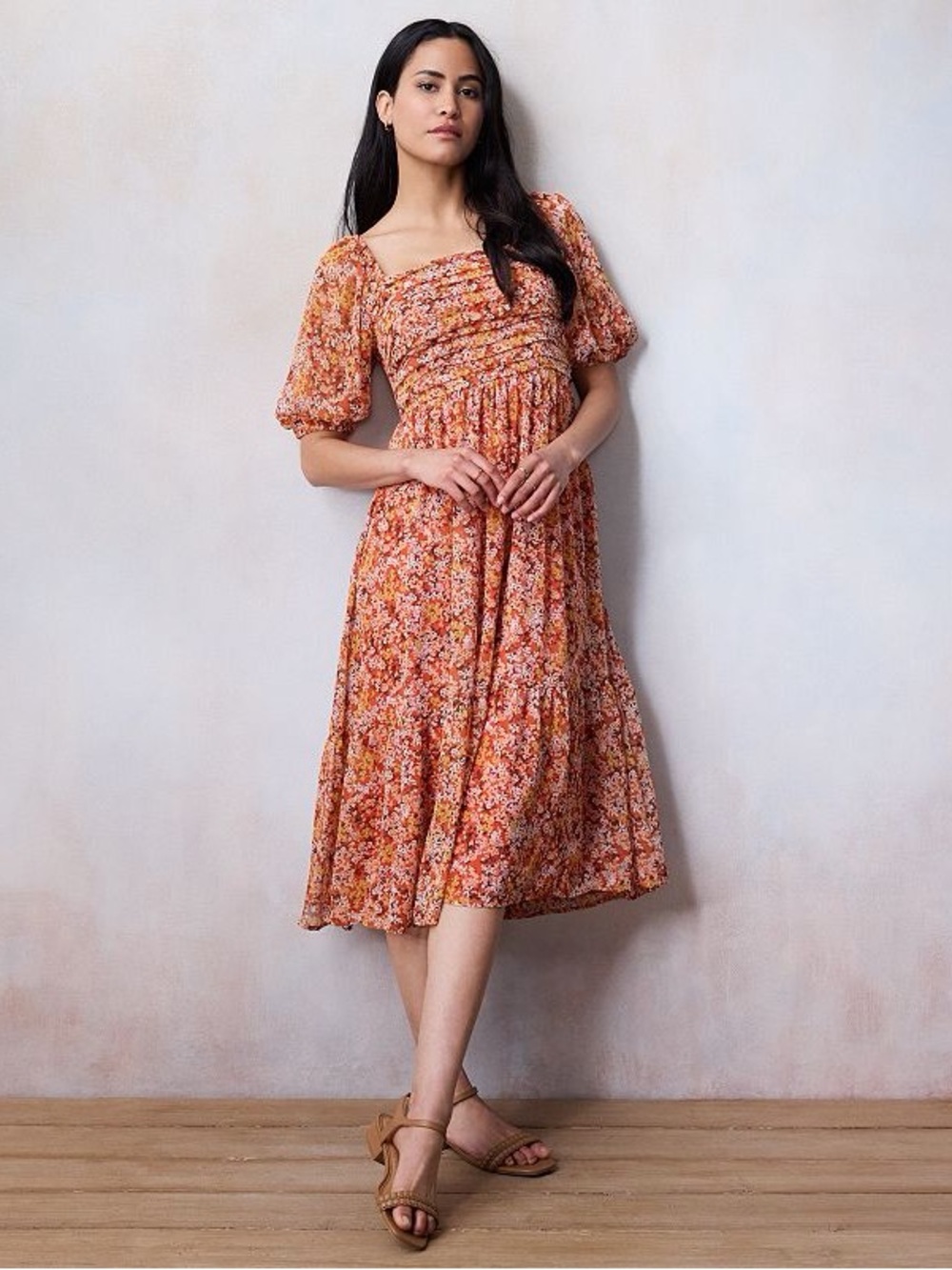 LC Lauren Conrad Pleated Bodice Squareneck Midi Dress Size‎ L
